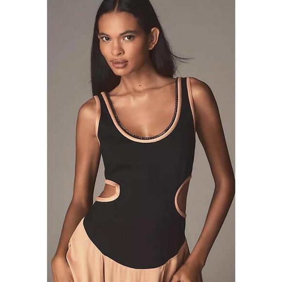 Maeve Scoop Neck Chain Trim Cutout Midi Fit Flare Skirt Dress Size L Black Onyx - Picture 2 of 4